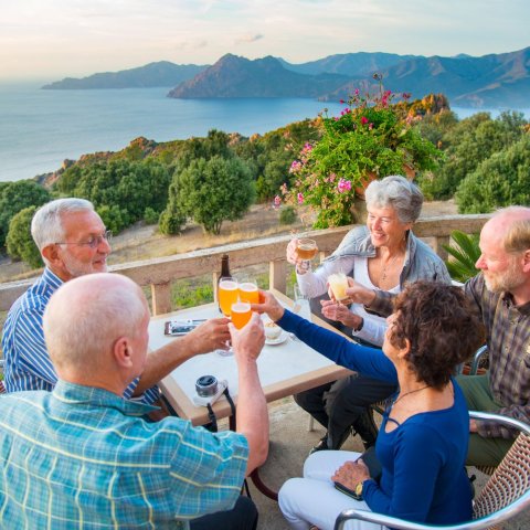 group of people around a table toasting overlooking the ocean in Corsica